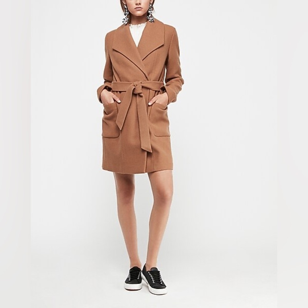 Express Women’s Long Belted Wool-Blend Wrap Front Car Coat - Picture 2 of 4